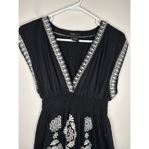 BCBGMAXAZRIA V-Neck Top Womens M Black Embroidered Flowy Cinched Floral - Picture 6 of 7